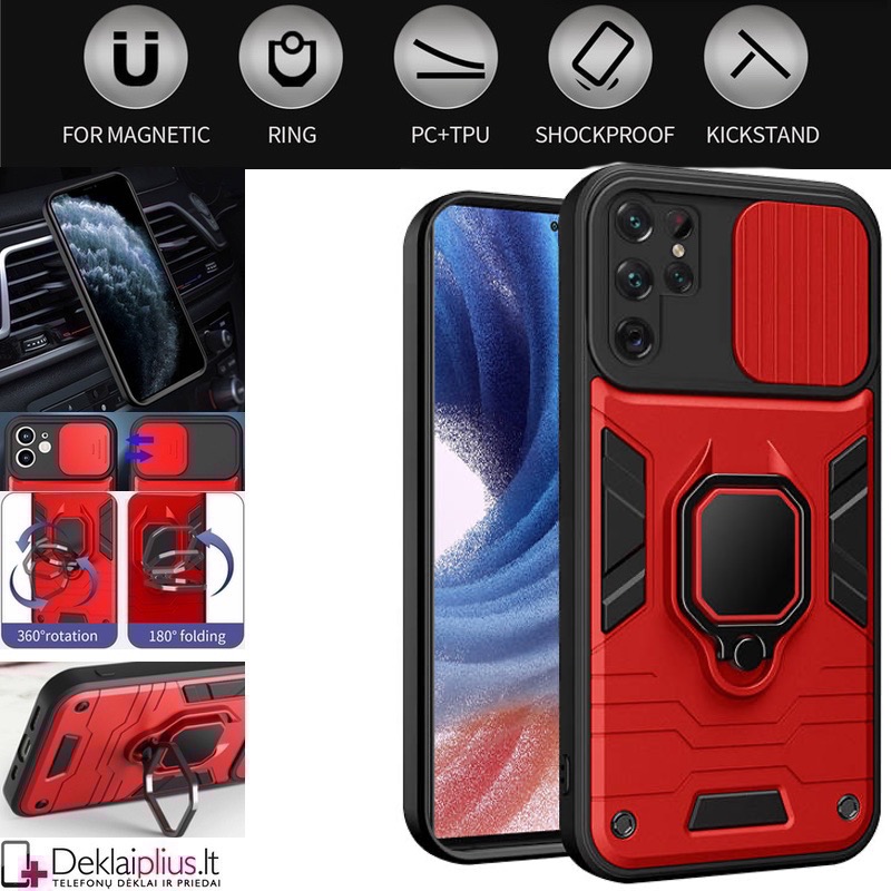 Smūgiams atsparus dėklas su žiedu ir kameros apsauga - raudonas (Samsung S23 Ultra) Smūgiams atsparus dėklas su žiedu ir kameros apsauga - raudonas (Samsung S23 Ultra)